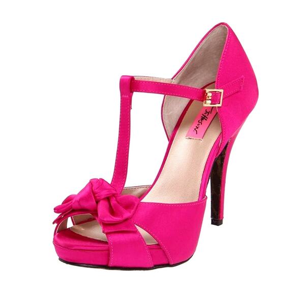 Betsey Johnson Shoes - Betsey Johnson 7 Canddee Satin Tstrap BowTie Platform Heels Hot Pink Shiny Pumps